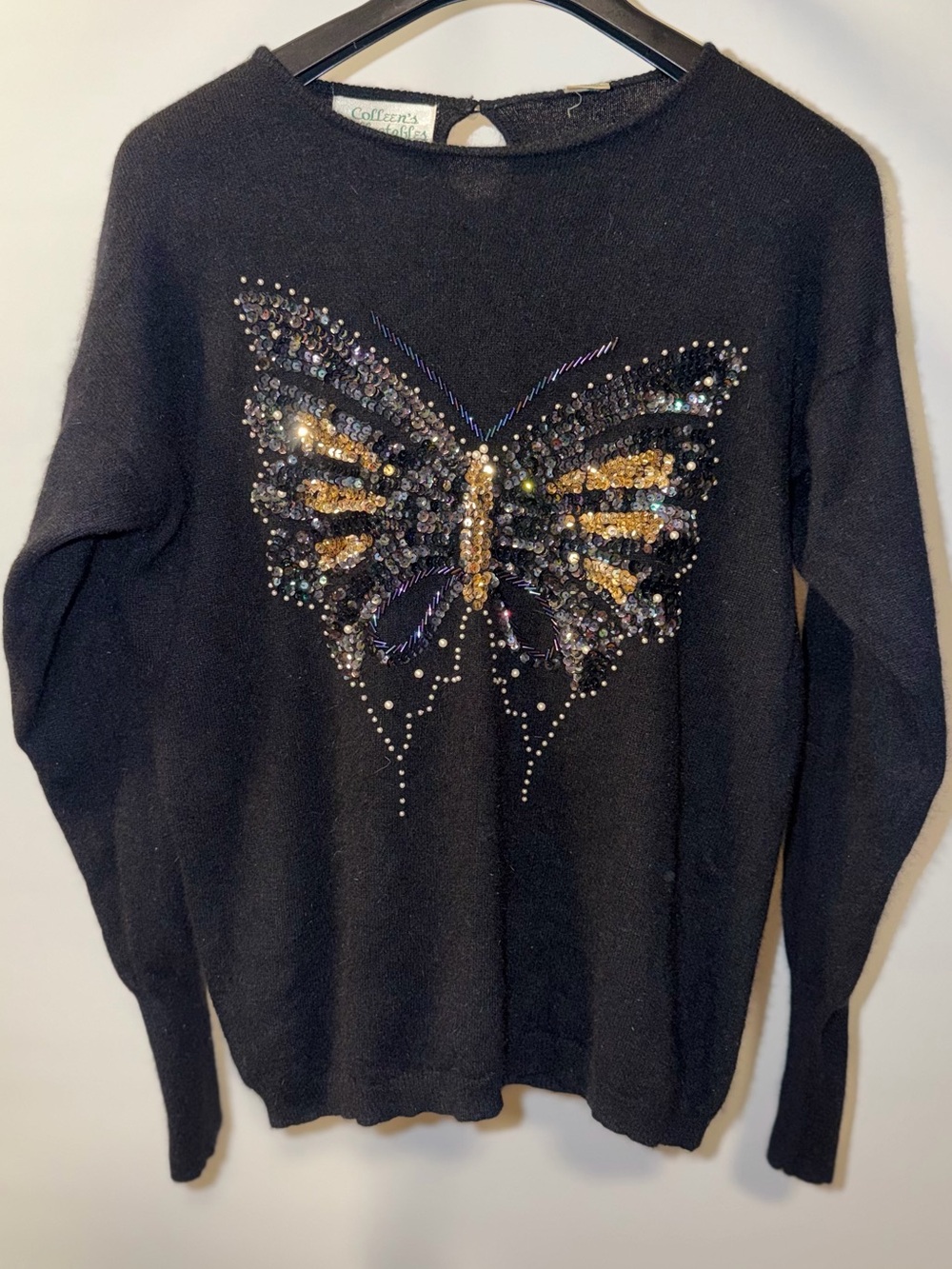 Women's Black Crewneck Sweater with Embellished Butterfly